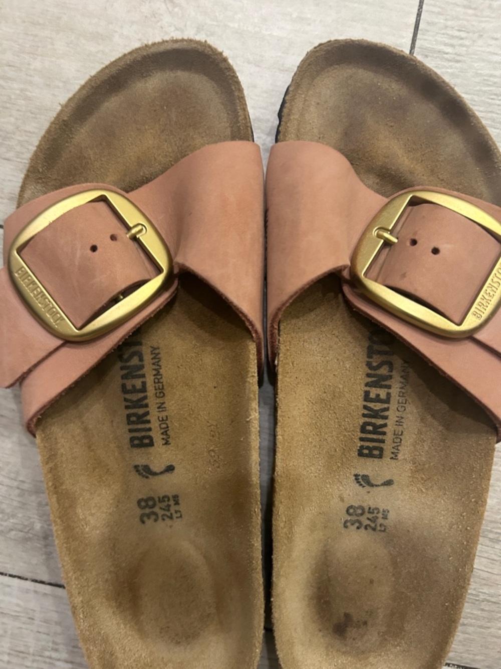Birkenstock Slide Sandals in Blush Pink with Gold Buckles